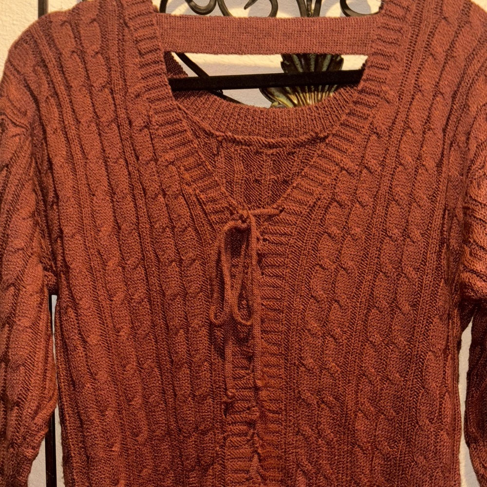 Women's Cable Knit Sweater in Rich Brown W/ Lace Up Back - Picture 3 of 4